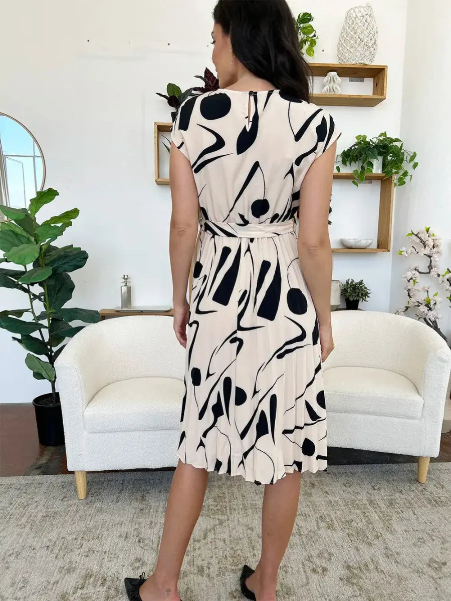 Perfee Tied Pleated Printed Cap Sleeve Dress for Women - Love Salve